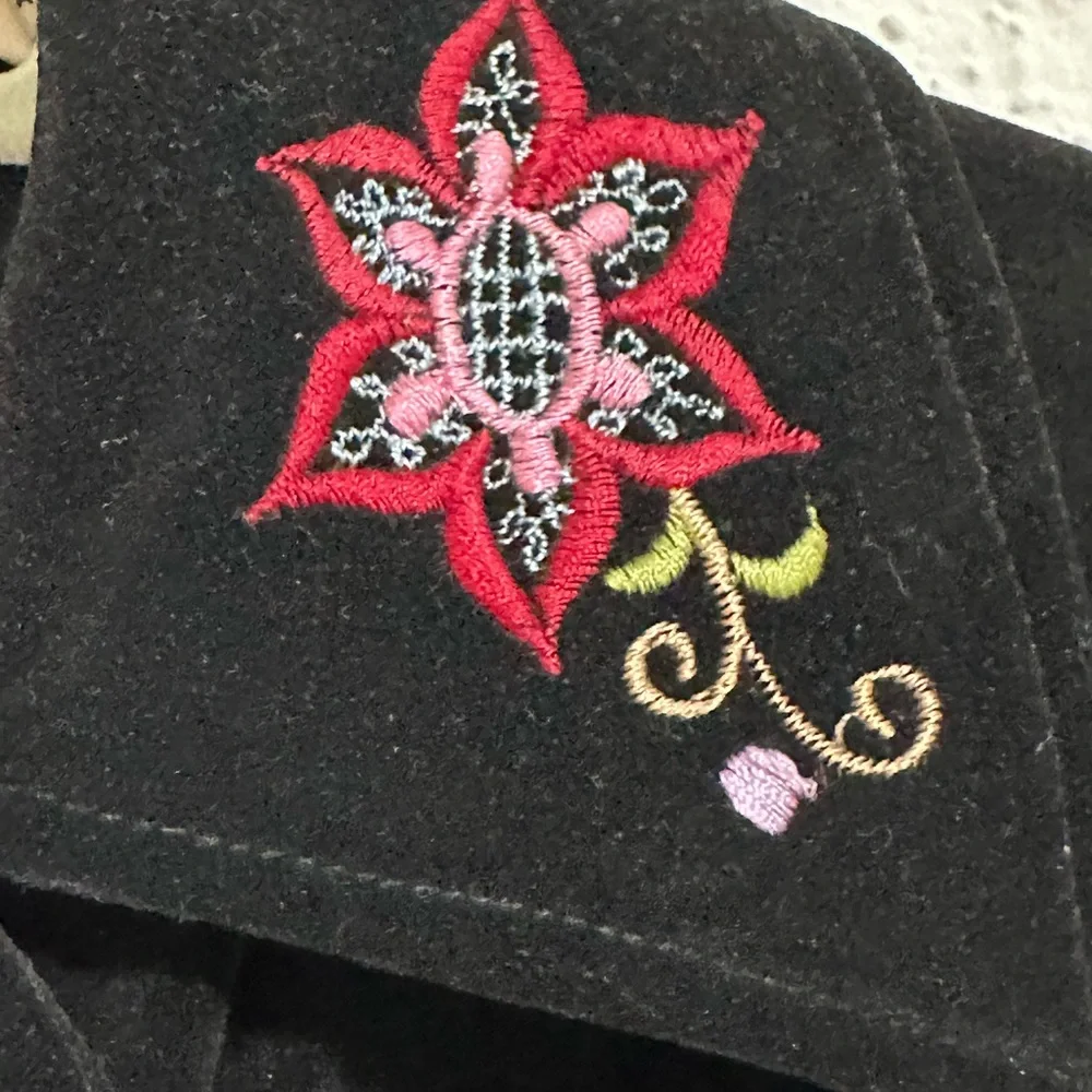 Vintage velvet black jacket and pants size youth 8 Pink and green embroidery.